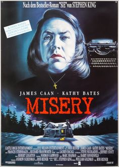 a movie poster for the film misery with an image of a woman in front of a house