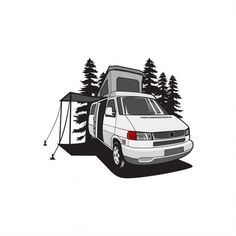 a white van parked in front of trees with a tent attached to the back door