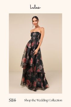 a woman in a strapless dress with flowers on it and the words shop the wedding collection