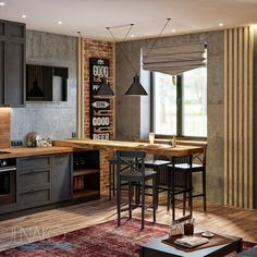 a modern kitchen and living room with wood flooring, brick walls and an area rug