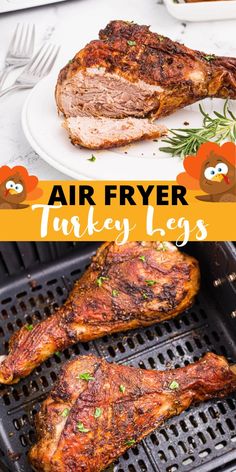 air fryer turkey legs on the grill with text overlay