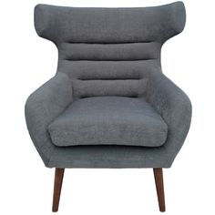 an upholstered grey chair with wooden legs