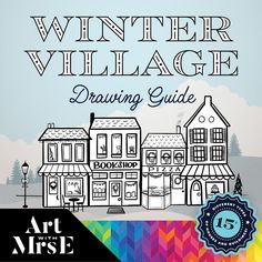 the winter village drawing guide is shown in front of a blue sky and rainbow - hued background