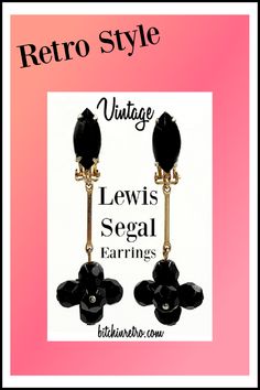 Vintage Lewis Segal of California jet black navette drop earrings, with faceted glass bead clusters dangling from a slender gold geometric link. These babies will swing to and fro, capturing dramatic attention every time you walk or talk. Loads of personality, and glam Hollywood history.

Available for Sale at BitchinRetro.com Hollywood Jewelry, Glam Jewelry, Glam Earrings, 1960's Fashion, Atomic Age, Vintage Glam, Retro Vintage Style