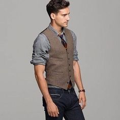 Mens Vest Fashion, Vest Outfit, Vest And Tie, Mens Fashion Smart, Brown Tweed, Mens Fashion Jeans, Mens Style Guide, Jean Vest