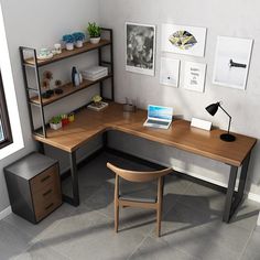 a computer desk with a laptop on top of it next to a chair and shelves