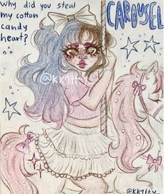 a drawing of a girl on a horse with caption that says, why did you steal my cottony candy heart?