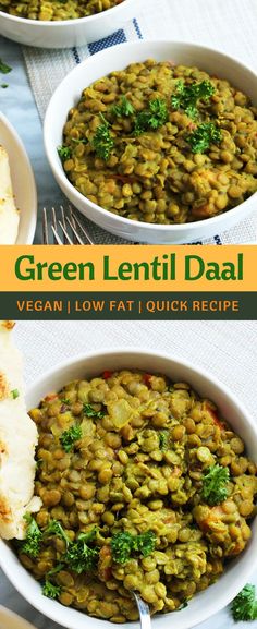 two bowls filled with green lentils and bread