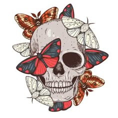 a human skull with butterflies on it's head in the style of tattoo art