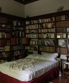 a bed sitting in front of a bookshelf filled with lots of book shelves