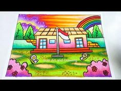 a drawing of a house with a rainbow in the background