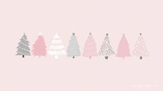 a row of christmas trees in pink and grey on a light pink background with white dots