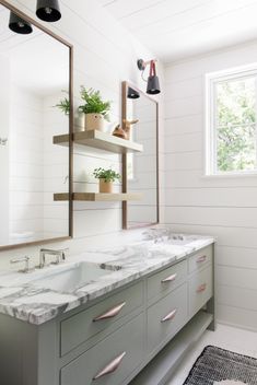 a bathroom with two sinks, mirrors and plants on the shelves above them in front of a window