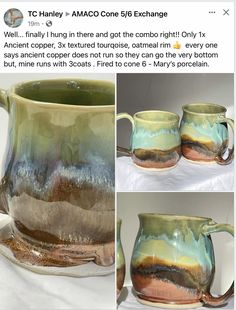 two mugs with different designs on them, one is green and the other is brown