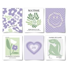 six different greeting cards with flowers and hearts on them, all in shades of lavender