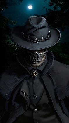 a painting of a skeleton wearing a black coat and hat with a full moon in the background