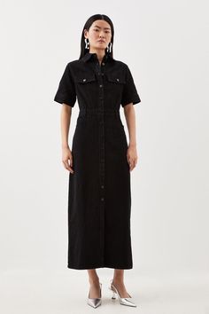 Bring A Style Statement To Casual Occasions With This Maxi Shirt Dress, Crafted From Premium Denim Fabric With A Button-Down Design And Short Sleeves For Practicality, While Pocket Flaps, A Front Split Hem And Belt Loops Add Elevated Details.Maxi Hemlinedenim Fabricshort Sleevesbutton Detailing Fitted Shirt Dress, Black Denim Dress Outfit, Black Denim Dress, Glamorous Fashion, Shirt Dress Outfit, Dramatic Classic, Maxi Outfits, Denim Maxi Dress, Outfits Petite