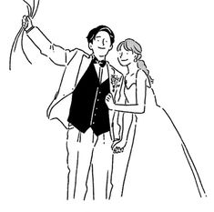 a black and white drawing of a man holding a flower in his right hand with a woman standing next to him