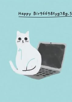 a white cat sitting on top of a laptop computer