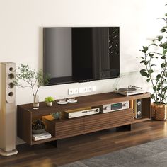 a flat screen tv sitting on top of a wooden entertainment center next to a plant