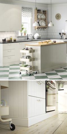 there are two pictures of a kitchen with white cabinets and green checkered flooring