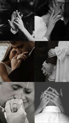 black and white photo collage of people holding each other's hands with rings on their fingers