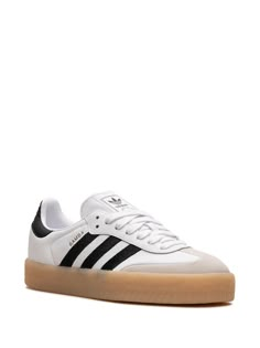 These adidas Samba 2.0 sneakers feature a contrasting branded heel counter, gold-tone logo lettering, a signature 3-Stripes logo, a logo-print tongue, front lace-up fastening, a round toe and a gum-rubber sole. The sneakers are made from leather. Adidas Samba White, Samba Shoes, Trendy Shoes Sneakers, White Leather Sneakers, Black Platform, Dream Shoes, Trendy Shoes, Adidas Samba, White Adidas