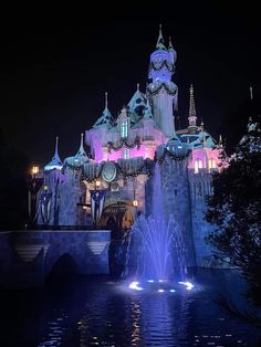 the castle is lit up with colorful lights