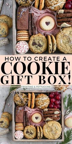 two pictures with the words how to create a cookie gift box on them and cookies in boxes