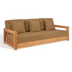 a wooden couch with four pillows on it's back and side, in front of a white background