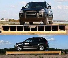 two pictures side by side one with a black car on top and the other with a gray suv in the back