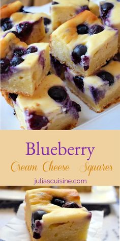 blueberry cream cheese squares are stacked on top of each other and ready to be eaten