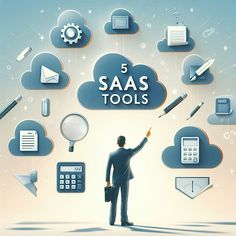 a man in a suit is pointing to the sky with icons above him that spell out 5 saas tools