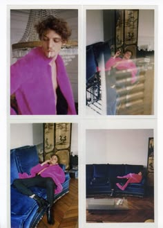 four pictures of a woman laying on a couch in a living room with blue furniture