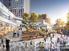 an artist's rendering of people walking and sitting on the steps in front of a fountain