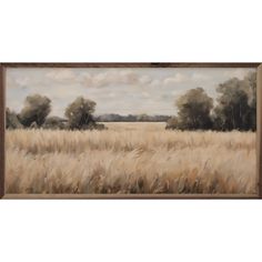 an oil painting of a wheat field with trees in the distance and cloudy sky above