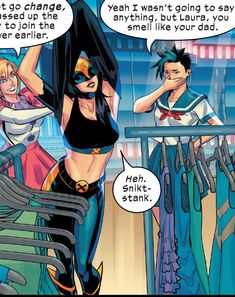 a comic strip with an image of two women in front of clothing racks and one man standing