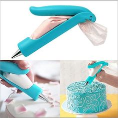 two pictures with scissors and cake decorating tools