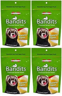 four bags of banana flavored ferret treats with an image of a raccoon