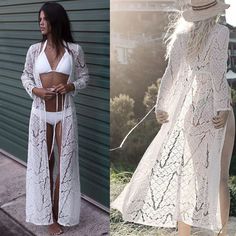 FREE SHIPPING Women Boho Beach Bikini Maxi Cover Up Lace JKP1829 Long Beachwear Swimwear As Beach Cover-up, White Open Front Swimwear For Beach Cover-up, White Open Front Swimwear For Vacation, White Open Front Swimwear For Beach Season, Lightweight Long Sleeve Beachwear Cover-up, Casual Hollow Out Beach Dress For Summer, Open Front Summer Beach Dress Cover-up, Casual Summer Beach Dress With Hollow Out Design, Bohemian Lightweight Cover-up For Beach Party