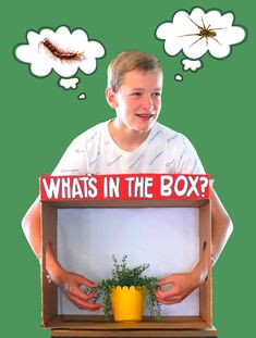 a boy is holding a box with plants in it and thought bubbles above him that says, what's in the box?