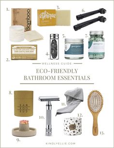 the eco - friendly bathroom essentials list is shown in white and gold with text overlay