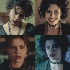 four pictures of the same woman with different facial expressions and hair styles, all wearing necklaces