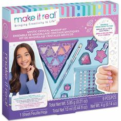 Unlock your little one's artistic potential with this fun Make It Real 9-Piece Mystic Crystal Makeup Cosmetic Kit. FEATURES Make It Real's developmental toys make great gifts for kids and tweens Makes an excellent gift!WHAT'S INCLUDED 1 eyeshadow palette, 1 cosmetic brush, 1 sheet of face jewels, 1 lip gloss, 2 rings, 2 nail polishes, 1 instruction sheetDETAILS Age: 8 years & up Product weight: 0.7 lbs. Plastic Wipe clean Imported Gift Givers: This item ships in its original packaging. If intend Make Up Kits, Water Based Nail Polish, Crystal Makeup, Cosmetic Kit, Face Jewels, Nail Polish Bottles, Cosmetic Sets, Play Date, Butterfly Hair Clip