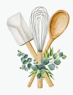 three wooden utensils and one whisk are on top of some green leaves