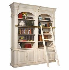 a white bookcase with ladders and books on top of it, in front of a white background