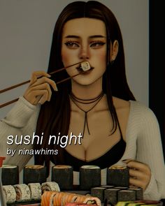 a woman is eating sushi with chopsticks in her mouth and she has long brown hair