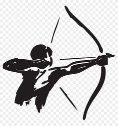 a black and white drawing of a person with a bow aiming at the target on a transparent background