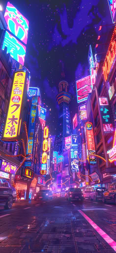 an animated city at night with neon lights