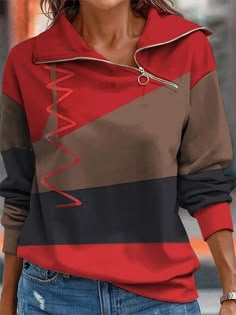 Sewing Sweatshirts, Red Streetwear, Unique Sweaters, Colour Blocking, Color Block Top, Women Hoodies Sweatshirts, Women Shirts Blouse, Sleeves Pattern, Casual Pullover